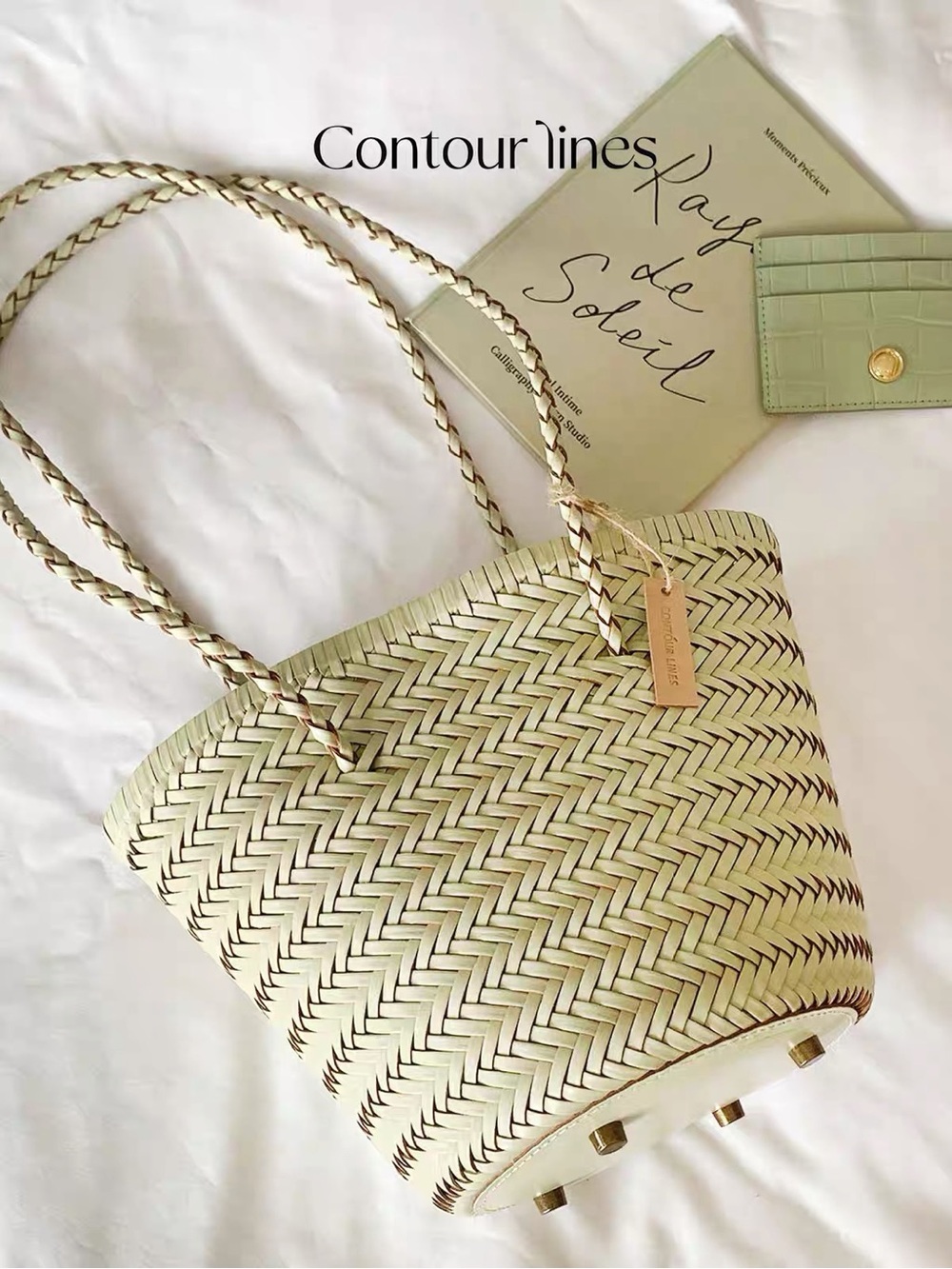 Leather Woven Straw Tote Bag in Light Green